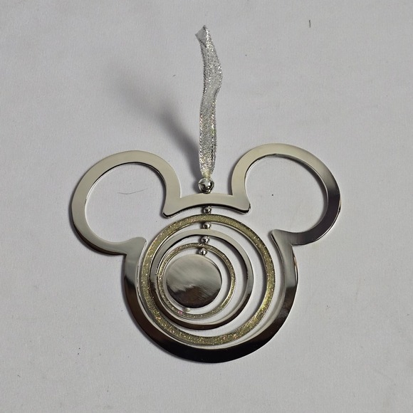 Disney Other - Disney Mickey Mouse Icon Silver Metal Spinning Ring Glitter Christmas Ornament
